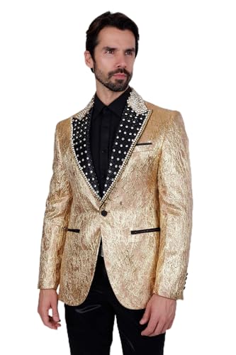 Barabas Men's Shiny Crystals Beads Rhinestone Peak Lapel Blazer 2EBL11 Gold 2XL