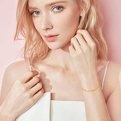 18k Solid Gold Bracelet for Women, Yellow Gold Durable Cuban Chain Bracelet with Dangle Star Jewelry Gift for Her, Wife, Mom,6.5"-7"2