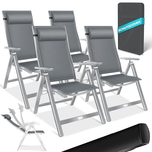 KESSER® Gartenstuhl Hochlehner mit Armlehnen 4er Set Aluminium Klappstuhl mit Kopfkissen & Abdeckung Campingstuhl 7-Fach Verstellbar Rückenlehne Atmungsaktiv Wetterfest Klappbar Anti-Rutsch, Hellgrau