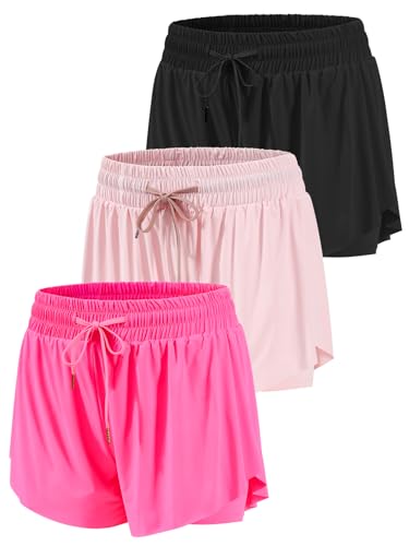Orrfreer 3 Pack Girls Butterfly Shorts Athletic 2-in-1 Running Shorts for Girls Teen with Pockets Colourful Summer Sports Shorts Built-in Breathable Shorts Black/Pink/Hot Pink S