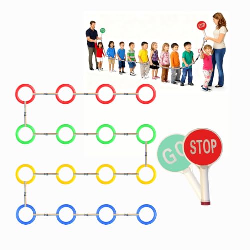 16-Ring Colorful Walking Rope for Preschool - Detachable Safety Line Rope with Smiley Textured Rings, with 1 pcs GO/Stop Sign Handheld