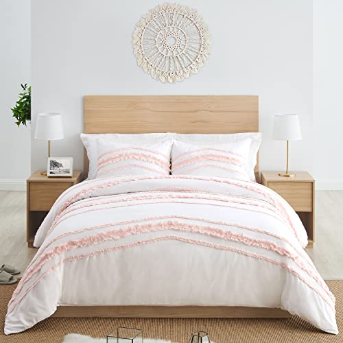 Image of Bohemian Boho Chic White and Pink Macrame Tufted Tassel 2 pc. Twin / Twin XL Size Bed Bedding Set Duvet Comforter Cover / Sham Blush Pink Textured Minimalist Cotton Fringe Farmhouse Indie Dorm Teen