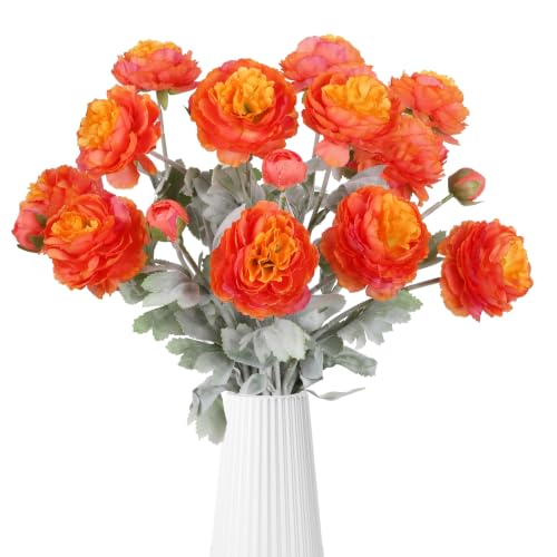 IPOPU Orange Peonies 6PCS Artificial Ranunculus Silk Real Touch 18Heads