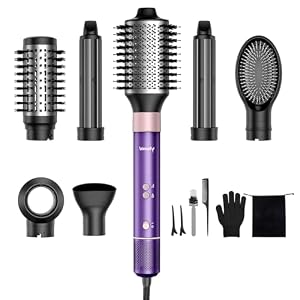 Vincofy 7 in 1 Blow Dryer Brush Set – Hot Air Styler for Fast Drying, Curling, Straightening & Volumizing – Ionic Hair Dryer Brush with 1500W Power – No Heat Damage for All Hair Types – Lilac