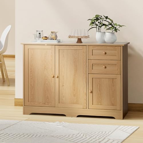 Oikiture Natural Wood Drawer Cabinet – Sideboard Buffet Storage Unit for Entryway Kitchen Dining Organisation