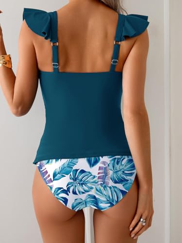 Image of Aidonger Tankini Swimsuit for Women Tummy Control Two Piece Bathing Suit Ruched Ruffle Swimwear Top with Bottom