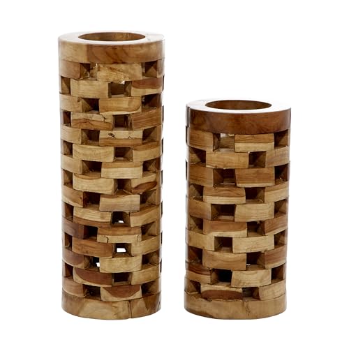 Deco 79 Teak Wood Handmade Decorative Vase Centerpiece Vases with Cut Out Patterns, Set of 2 Vases for Home Decoration 16", 12" H, Brown