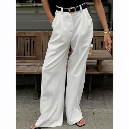 Women Casual Wide Leg Pants Button Down Straight Long Trousers Pants Elastic High Waist Dress Pants for Women White, Medium3