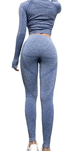 QCHENG Women's Workout Sets 2 Piece Seamless Leggings Crop Top Set Gym Clothes Yoga Outfits for Women Blue