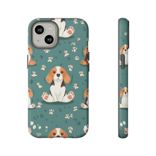 Coque iPhone 14 Beagle assis mat bleu sarcelle rigide