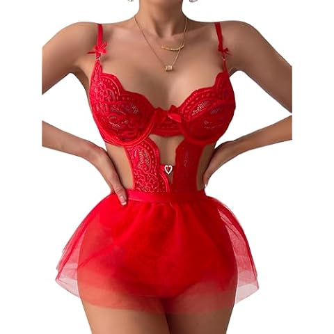 Dlsave Sexy Lingerie for Women,Lace Floral Lingerie Body suit with Removeable Mesh Skirt Push up Teddy Bridal Lingerie Red Cover