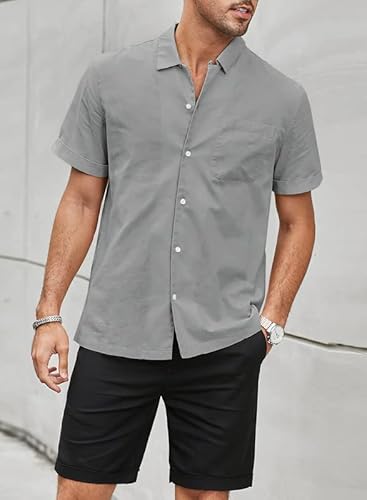 Jmierr Mens Hawaiian Shirts Casual Stylish Cotton Linen Button Up Beach Shirt 2023 Cuban Collar Short Sleeve Resort Shirts For Men With Pockets,Us 40(M),1Gray #TOP4
