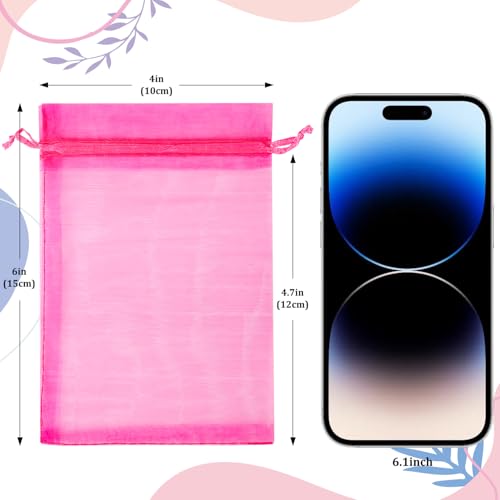 Image of Hopttreely 100pcs Organza Bags, Hot Pink Mesh Drawstring Gift Bags, 4x6inch Jewelry Pouches Small Sachet for Christmas Candy Party Favor