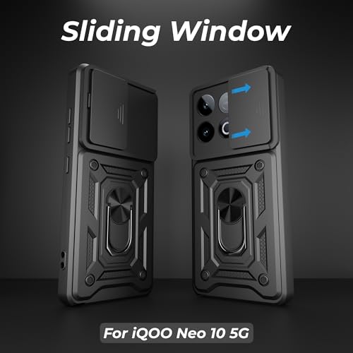 Image of A rtistque Armor Bumper Back Case Cover for iQOO Neo 10 5G | Stylish Ring Holder & Inbuilt Stand | Sliding Camera Cover | Shockproof TPU Protective Design | iQOO Neo 10 Back Cover - Black