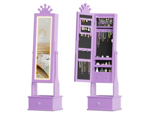 GarveeHome Kids Jewelry Armoire,Child Jewelry Cabinet with Led Light,Freestanding Jewelry Organizer with Full-Length Mirror,3 Storage Drawers,Kids Vanity Dress Up Mirror Cabinet for Girls（Purple）