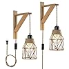 Industrial Plug in Wall Sconce Set of 2 with 82ft Hemp Rope Cord OnOff SwitchFarmhouse Wall Light with Metal Shade and Wood Bracket for Bedroom Living Room