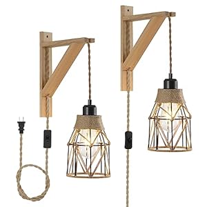 Industrial Plug in Wall Sconce Set of 2 with 82ft Hemp Rope Cord OnOff SwitchFarmhouse Wall Light with Metal Shade and Wood Bracket for Bedroom Living Room
