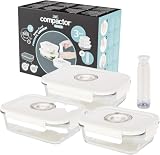 Compactor AspiFresh - Set 3 Contenitori Sottovuoto per Alimenti in Vetro con Pompa Manuale e Datario Integrato, Contenitori Ermetici BPA Free per Frigorifero, Freezer, Microonde e Lavastoviglie