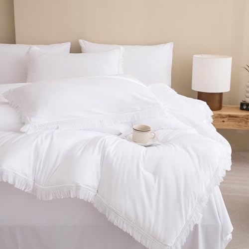 Image of Andency Queen Comforter Set with Sheets White -7 Pieces Boho Tassel Bed in a Bag Soft Lightweight Bedding Sets, All Season Fringe Bed Set with Comforter, Sheets, Pillowcases & Shams