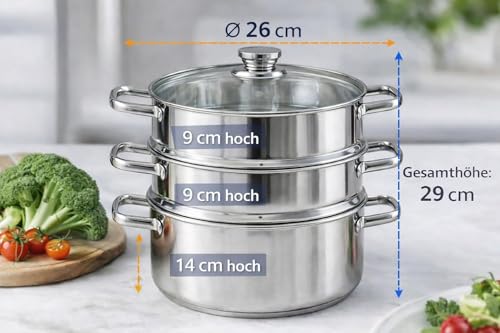 Foto von RHP Dampfgarer Dampf Kochtopf 26cm Mantykocher Dampfkocher Gemüse-/ Kartoffeldämpfer Edelstahl mit Glasdeckel Spülmaschinen geeignet, 18/10 Edelstahl, Induktion geeignet