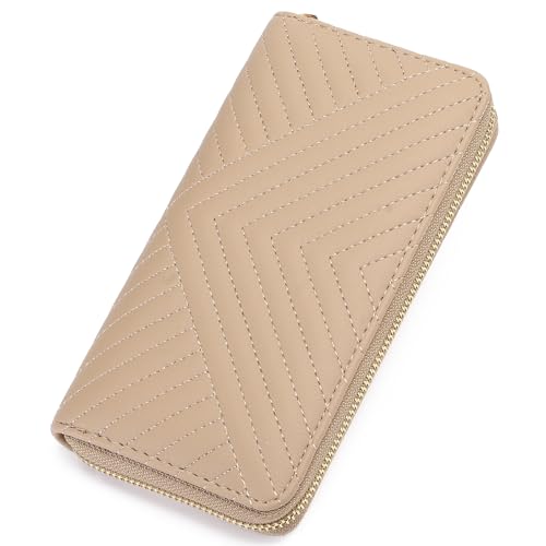 GAEKEAO Wallet for Women Embroidered Wallets Clutch RFID Blocking Leather Large Capacity Credit Card Holder Ladies Purses with Zipper Coins Pocket Khaki