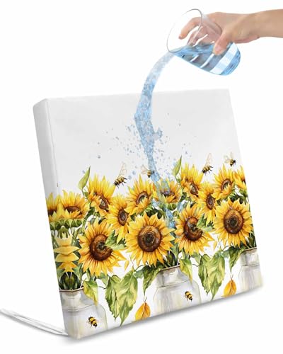2 Pack Sunflower Bee Waterproof Cushion Covers with Ties, Outdoor Patio Chaise Lounge Chair Seat Cushion Slip Covers Replacement(Only Cover) Watercolor Yellow White Summer Spring 24
