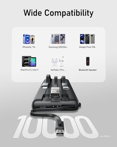 VEEKTOMX Power Bank 10000mAh Powerbank z wbudowanymi kablami, przenośna ładowarka USB C 2.4A szybkie ładowanie przenośna ładowarka z 5 wyjściami i wyświetlaczem LED do iPhone'a 15 pro/iPad/Galaxy S22