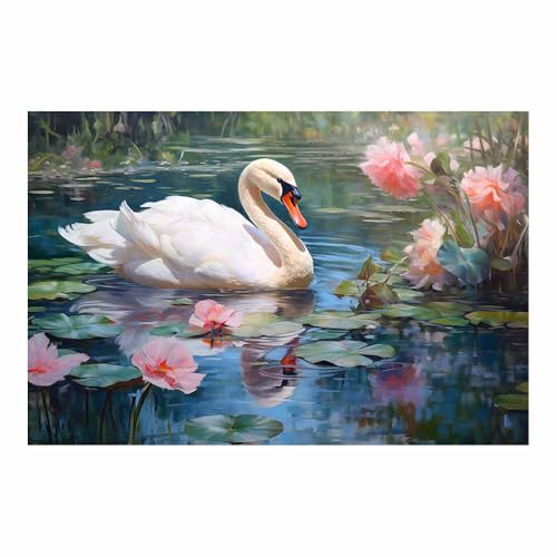 Décoration murale animalière cygne blanc étang | Toile nénuphars décoration maison 70x100