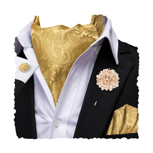 Hi-Tie Gold Paisley Ascot for Men Woven Self-Tied Cravat Silk Woven Jacquard Ascot Ties Pocket Square Set for Wedding Party