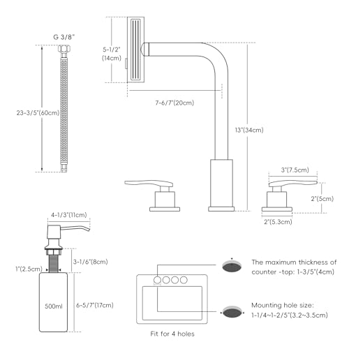 Image of Waterfall 4 Hole Kitchen Faucet with Soap Dispenser, Two-Handle 3 Modes Multifunctional Waterfall Faucet with Sprayer Stainless Steel Pull Down Kitchen Sink Faucets (Brushed Nickel)