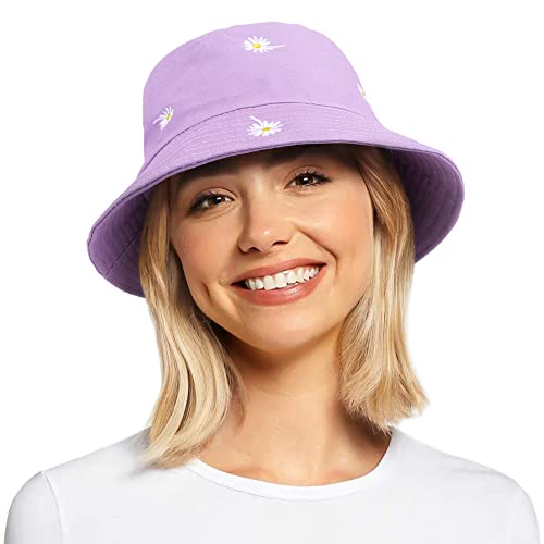 Image of BLURBE Bucket Hats Women - Daisy Embroidery Bucket Hat Ladies Summer Fisherman Hat Reversible Cotton Bucket Sun Hats Foldable Double-Side Hat for Teens Girls Travel Outdoor Purple