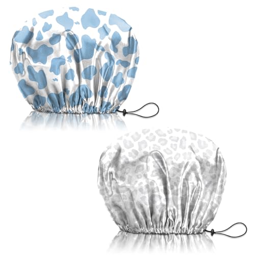 Deokke 2 PCS Shower Cap Reusable Waterproof Adjustable Double Layer Elastic Dry Hair Bathing Caps Aesthetic Cute for Women Girls-Blue Gray