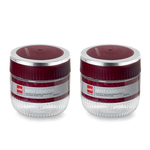 Image of CELLO Mint Storage Canister For Kitchen Set of 2, (500 ml x 2), Maroon | Food Grade, Stackable, See Through |Nestable Storage Pet Container with Lid for Food, Pulses, Spice, Cereals, Cookies,Dry Food