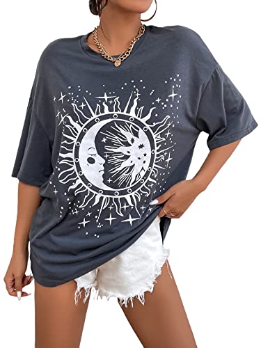 Shein Women's Graphic Half Sleeve Crewneck Drop Shoulder Oversized Tee Shirt Tops Dark Grey M #TOP12