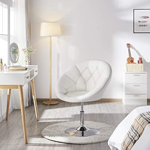 Yaheetech Height Adjustable Modern Round Tufted Back Chair Upholstered Swivel Barrel Chair Vanity Chair Barstool Lounge Pub Bar Capable of 125kgs/276lbs White