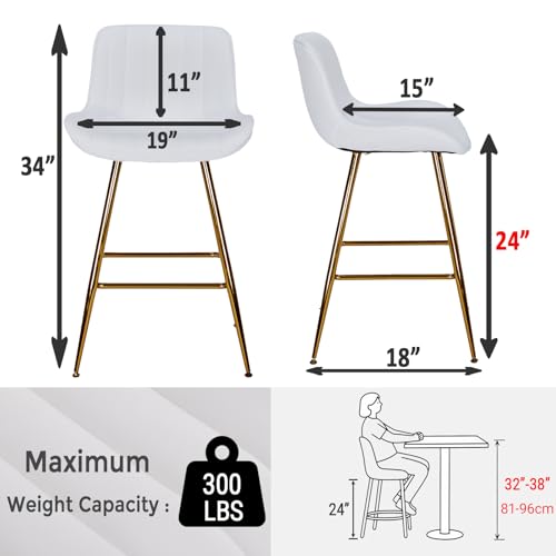 Image of Sidanli Gold Barstools Set of 2, White Bar Stools with Gold Legs, Velvet Stools for Kitchen Island, 24inch Luxury Barstools with Adjustable Footrests