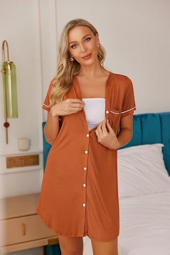 Image of Ekouaer Nightgowns for Women Button Down Night Gowns Short Sleeve Sleep Shirt V Neck Nightshirt Soft Sleepwear Pajams Dress
