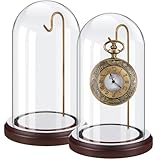 Beeveer 2 Pcs Pocket Watch Glass Display with Hooks Dome Cloche with Wood Base Christmas Decorative Showcase for Watch Plants Medals Photos Collectibles(Reddish Brown,4' X 7',Dome Style)
