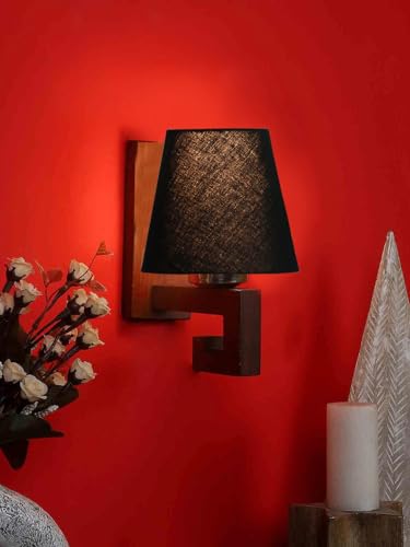 Image of Wall Lamp with Wooden Base (H- 10.9 Inch, Black) Modern Wall Sconce for Bedroom /Living Room, Study Room, Home Office Decor | Decorative Indoor Lighting, Warm Ambient Night Lamp | Flared Shape