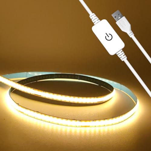 BUNACET COB Ledstrip, USB, 1 m, flexibele ledstrip, warmwit, 5 V, dimbaar, 3000 K, zelfklevend, voor keuken, kast, achterkant van pc, doe-het-zelf decoratie