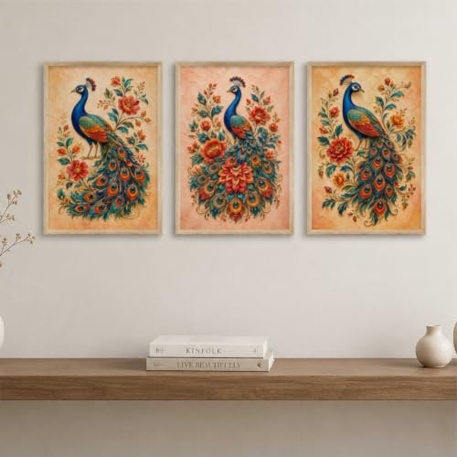 Image of Livin'luxe Set of 3 Peacock Floral Wall Paintings for Living Room Bedroom Home Decor with Premium Wooden Color Synthetic Frame, Ethnic Art (13.5 x 19.5 Inch) NM03-66
