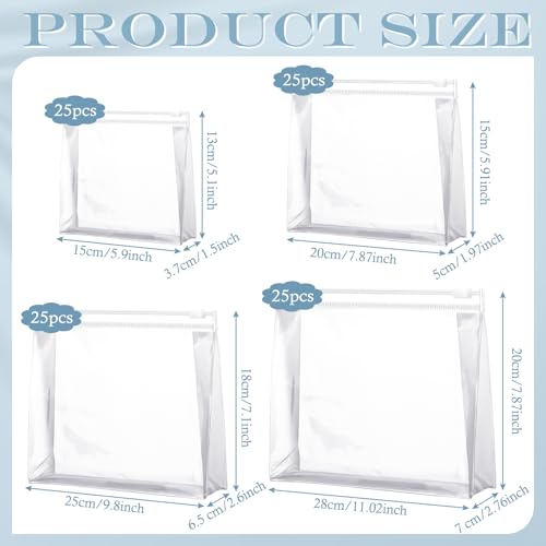 Xuniea 100 Pcs Mini Clear Makeup Bag PVC Small Travel Toiletry Organizer Pouches Bulk Waterproof Transparent Plastic Cosmetic Bag with Zipper for Women Men Travel (11'',9.8'',7.9'',5.9'')2