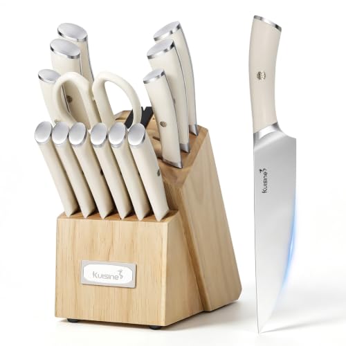 Image of KUISINE Upgraded Knife Set High Carbon Stainless Steel Super Sharp Blade Ergonomic Rivet Handle,Knife Block Set with Built-in Sharpener(Ivory Acacia Pro,15PCS)