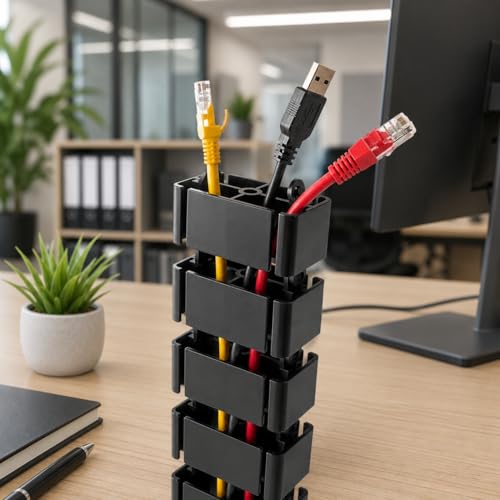 Image of Cable Management Kit, Adjustable Quad Entry Flexible Spine Wire Organiser, Desk Cord Snake System for Home Office, Computer, TV and Workstation (25 Cord Snake - Black)