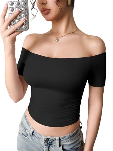 YEOREO Sophie Women Off Shoulder Crop Top Summer Short Sleeve T-Shirts Y2K Double Lined Fit Basic Tee Going Out Cute Tops4