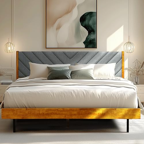 Acacia Astoria Premium Solid Wood Upholstered Headboard Bed Frame, King Upholstered Platform Bed, Any Mattress Support, Noise-Free Slats Support, 30 Mins Assembly, Mid Century Modern Style, Caramel