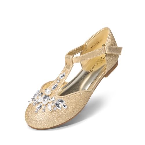 DREAM PAIRS Girls Mary Jane Dress Shoes Pearl T-Strap Party Flower Wedding Princess Flats for Toddler Little Big Kid 8 Toddler Gold