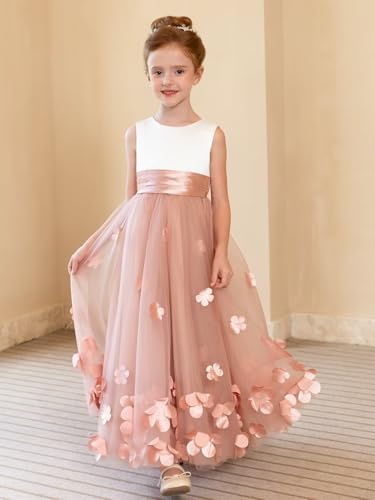 MCieloLuna 3D Applique Satin Tulle Flower Girl Dress Sleeveless O Neck Floor Length Girls Pageant Princess for Wedding Gowns2