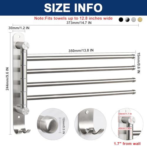 NearMoon Swivel Towel Rack, Thicken SUS304 Stainless Steel 4-Arm Towel Bar, Space Saving Wall Mounted Towel Holder with Hook, Rustproof Swing Out Towel Hanger for Bathroom, Kitchen (Brushed Nickel)