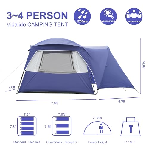 Image of Vidalido 3-4 Person Tent with 1 Mesh Door and 2 Large Mesh Window, Double Layer Waterproof Portable Family Cabin Tent, 4 Person Tents for Outdoor Camping Hiking